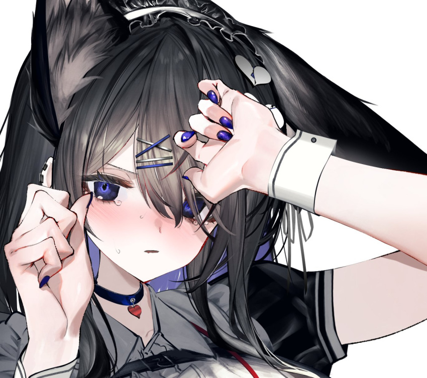 1girl animal_ear_fluff animal_ears apron arm_up bangs black_hair blush choker close-up collarbone colored_inner_hair crying crying_with_eyes_open eyebrows_behind_hair face hair_between_eyes hair_ornament hairclip hand_up highres ichini_(aaaraaaaaaaaa) long_hair looking_at_viewer maid maid_apron maid_headdress multicolored_hair open_mouth original purple_hair purple_nails simple_background solo sweat tears upper_body violet_eyes white_background wrist_cuffs