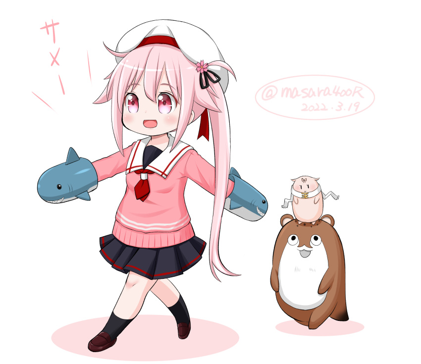 1girl absurdres beret black_skirt blue_hair bokukawauso creature dated gradient_hair hand_puppet harusame_(kancolle) hat highres kantai_collection masara_(chuujou) multicolored_hair neckerchief one-hour_drawing_challenge otter pink_hair pink_sweater pleated_skirt puppet red_eyes red_neckerchief sailor_collar school_uniform serafuku shark side_ponytail simple_background skirt sweater the_yuudachi-like_creature twitter_username walking white_background white_headwear white_sailor_collar