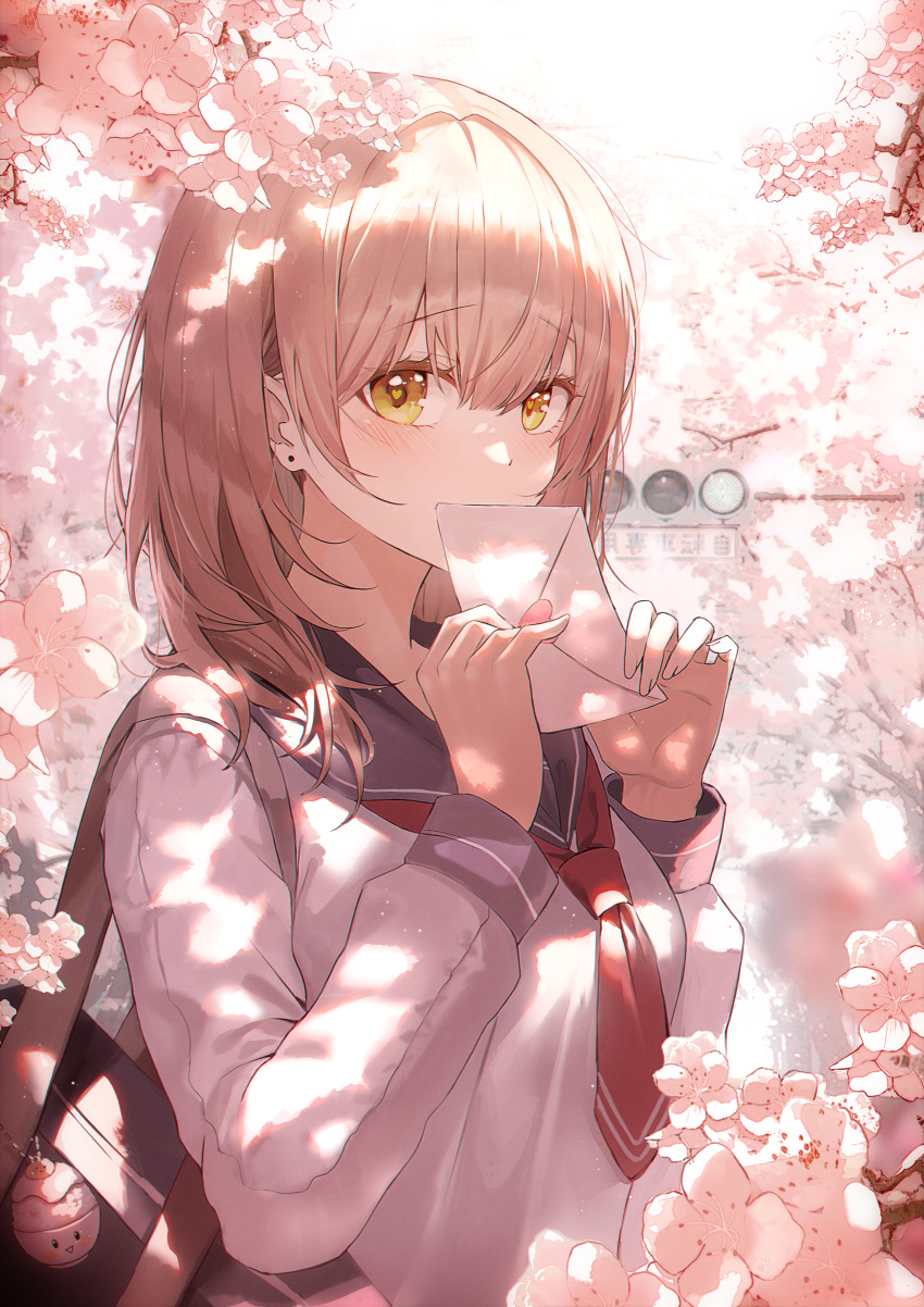 1girl absurdres bag bangs blue_sailor_collar blush breasts brown_hair cherry_blossoms commentary covering_mouth english_commentary eyebrows_visible_through_hair flower hands_up highres holding holding_letter letter looking_at_viewer love_letter medium_breasts medium_hair momimi neckerchief original red_neckerchief sailor_collar school_uniform serafuku shirt shoulder_bag solo traffic_light uniform upper_body white_shirt yellow_eyes
