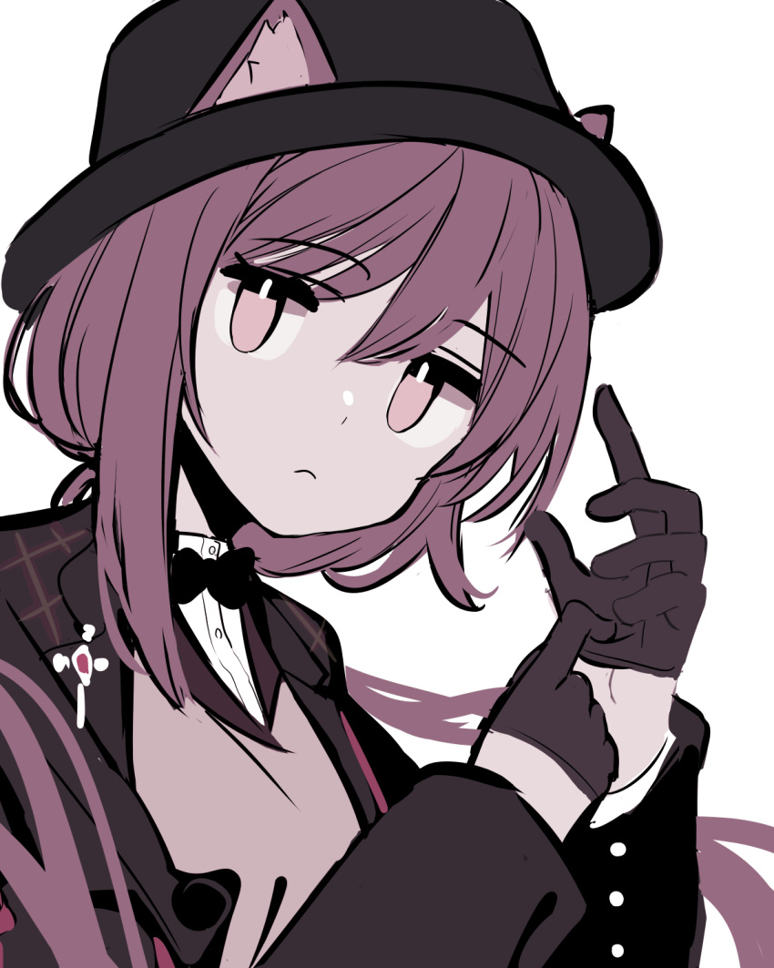1girl animal_ear_fluff animal_ears arknights bangs black_bow black_bowtie black_gloves black_headwear black_jacket bow bowtie brown_eyes brown_hair closed_mouth commentary_request ears_through_headwear eyebrows_visible_through_hair floating_hair gloves hair_between_eyes half_gloves hat highres jacket long_hair long_sleeves looking_at_viewer melantha_(arknights) melantha_(letters_from_wessex)_(arknights) muted_color open_clothes open_jacket shirt simple_background solo tetuw upper_body very_long_hair white_background white_shirt