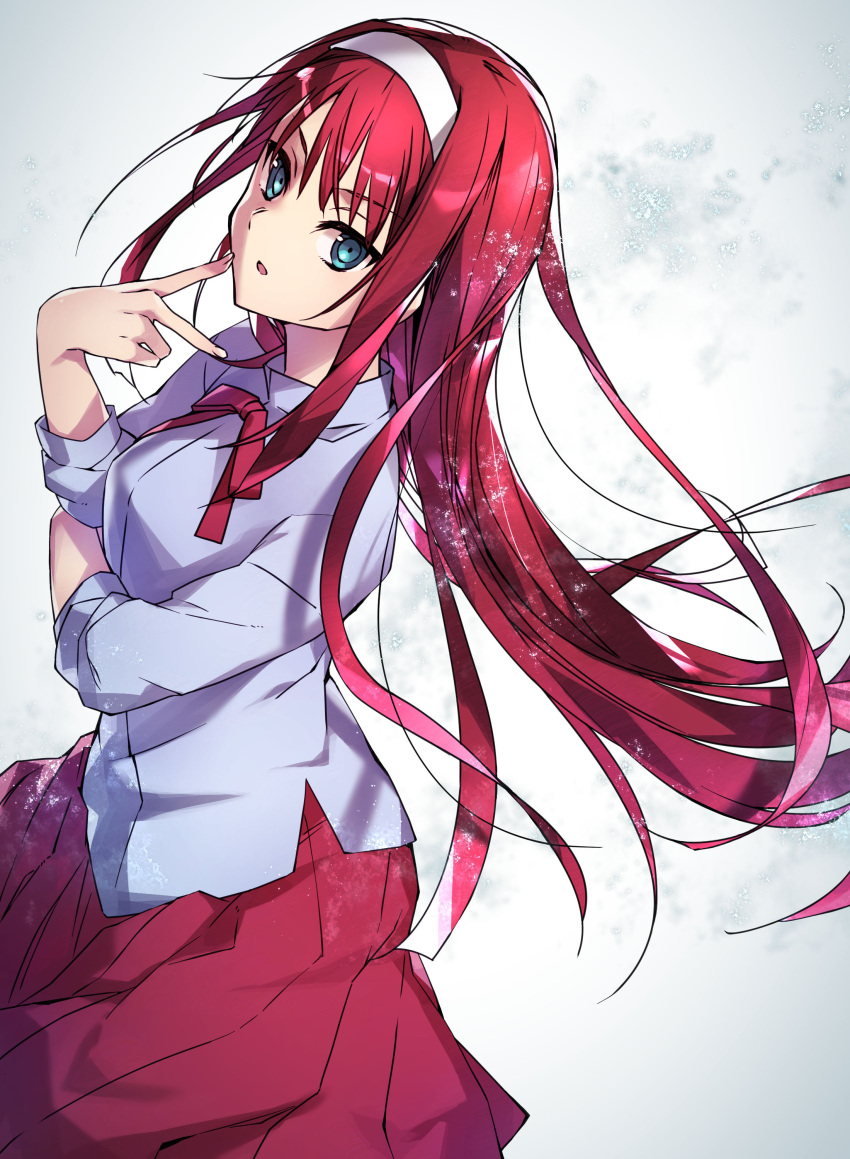 1girl absurdres aqua_eyes floating_hair grey_shirt hairband highres long_hair long_skirt long_sleeves neck_ribbon open_mouth pleated_skirt red_ribbon red_skirt redhead ribbon shigure_(shigure_43) shiny shiny_hair shirt skirt solo standing tohno_akiha tsukihime very_long_hair white_hairband