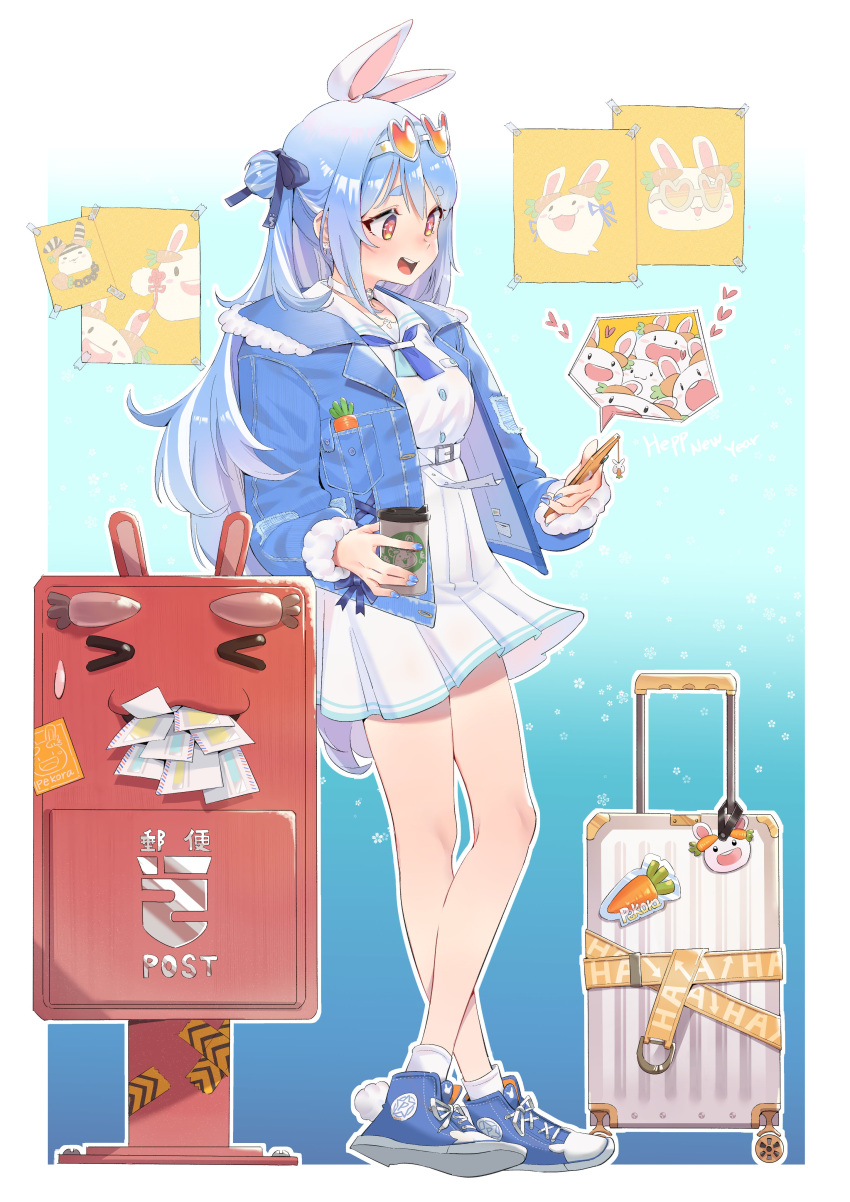 1girl absurdres animal_ears bangs bare_legs belt blue_jacket blue_nails bunny-shaped_pupils carrot chen_yang_yang choker coffee_cup cup disposable_cup earrings eyewear_on_head hair_bun heart highres hololive jacket jewelry leaning_on_object long_hair multicolored_hair nousagi_(usada_pekora) official_alternate_costume open_mouth phone photo_(object) postbox_(outgoing_mail) rabbit_ears rabbit_girl rolling_suitcase round_teeth sailor_collar school_uniform serafuku shirt shoes short_eyebrows skirt sneakers spoken_heart standing sunglasses symbol-shaped_pupils teeth thick_eyebrows two-tone_hair usada_pekora virtual_youtuber white_belt white_shirt white_skirt