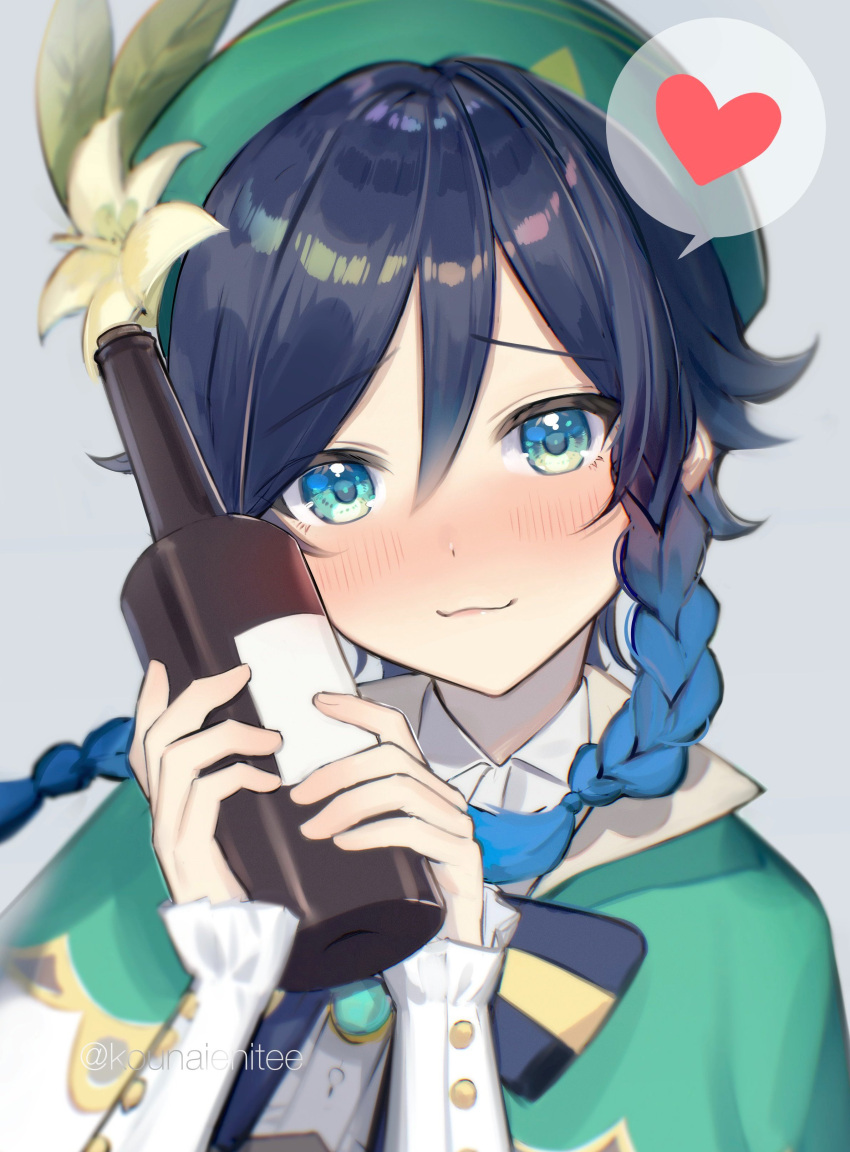 1boy :3 absurdres alcohol blue_eyes blue_hair blush bottle bow bowtie braid capelet champagne_bottle drink flower genshin_impact green_capelet green_headwear happy hat hat_flower heart highres holding holding_bottle long_sleeves looking_at_viewer otoko_no_ko smile susisanta0707 thought_bubble twin_braids venti_(genshin_impact) wavy_mouth