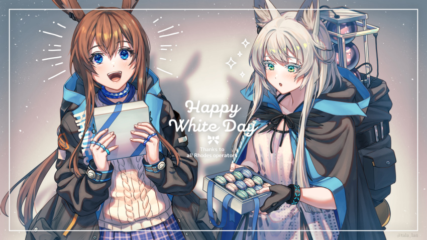 2girls :d :o amiya_(arknights) animal_ear_fluff animal_ears arknights bangs black_gloves black_jacket blue_eyes blue_skirt blush box brown_hair cat_ears cat_girl cloak commentary_request dress ear_piercing earpiece eyebrows_visible_through_hair food gift gift_box gloves green_eyes hair_between_eyes holding holding_gift hood hood_down hooded_cloak hooded_jacket infection_monitor_(arknights) jacket jewelry long_hair long_sleeves low_ponytail macaron multiple_girls open_clothes open_jacket open_mouth parted_lips piercing plaid plaid_skirt pleated_skirt puffy_long_sleeves puffy_sleeves rabbit_ears ribbed_shirt ring rosmontis_(arknights) shirt silver_hair skirt sleeves_past_wrists smile tanagawa_makoto white_day white_dress white_shirt