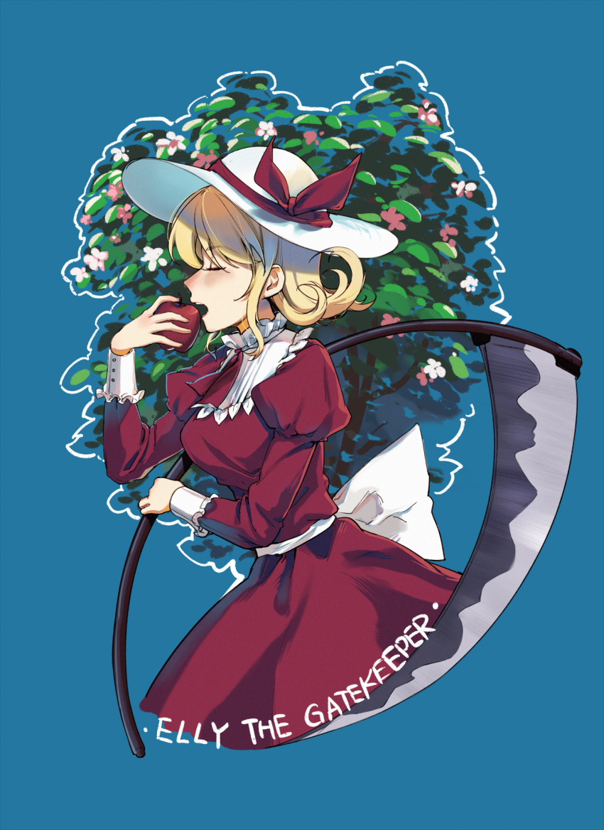 1girl apple back_bow blonde_hair bow breasts character_name closed_eyes curly_hair dress eating elly_(touhou) english_text eyebrows_visible_through_hair eyelashes flower food frilled_sleeves frills fruit hat hat_bow highres holding holding_food holding_fruit holding_scythe holding_weapon juliet_sleeves lips long_sleeves medium_breasts open_mouth puffy_sleeves red_bow red_dress red_ribbon ribbon sash scythe short_hair simple_background sun_hat teeth touhou touhou_(pc-98) upper_body upper_teeth weapon white_bow white_headwear white_sash yorktown_cv-5