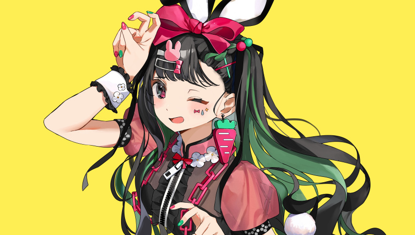 1girl absurdres animal_ears black_hair black_ribbon bow bunny_hair_ornament carrot_earrings chain commentary_request dress earrings facial_mark food-themed_earrings green_hair green_nails hair_bow hair_ornament hair_ribbon hand_up highres jewelry long_hair looking_at_viewer mikanoisi multicolored_hair multicolored_nails one_eye_closed open_mouth original partial_commentary pink_bow pink_dress pink_eyes rabbit_ears red_nails ribbon short_sleeves simple_background smile solo star_(symbol) star_facial_mark streaked_hair teardrop_facial_mark twintails upper_body wrist_cuffs yellow_background zipper zipper_pull_tab