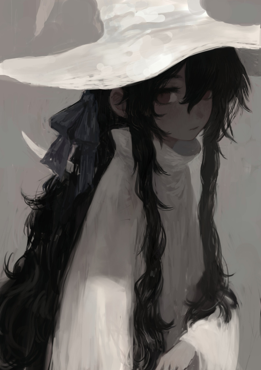 1girl absurdres black_hair bow closed_mouth dress grey_background hair_bow hat highres lead_white_(tsurunoka) long_hair long_sleeves looking_at_viewer original purple_bow red_eyes simple_background solo tsumetai_(tsurunoka) upper_body white_dress white_headwear witch_hat