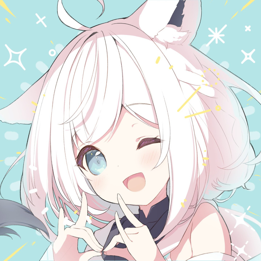 1girl ;d ahoge animal_ear_fluff animal_ears bangs bare_shoulders blue_background blue_eyes commentary_request double_fox_shadow_puppet eyebrows_visible_through_hair fox_ears fox_girl fox_shadow_puppet fox_tail hands_up highres hololive long_hair looking_at_viewer one_eye_closed p19 shirakami_fubuki smile solo tail tail_raised upper_body virtual_youtuber white_hair