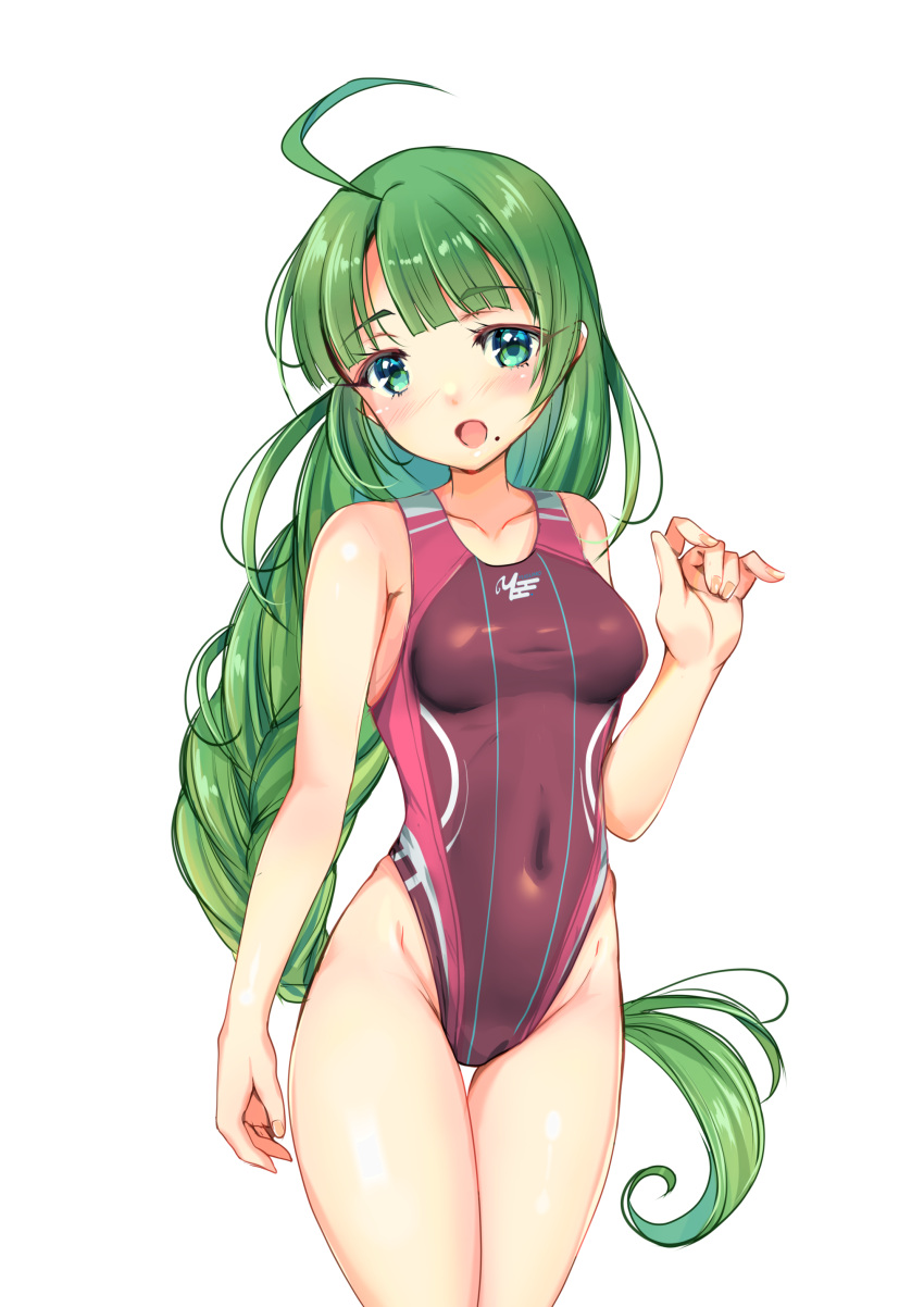 1girl absurdres adapted_costume blue_eyes braid breasts character_name covered_navel cowboy_shot green_hair highleg highleg_swimsuit highres kantai_collection long_hair looking_at_viewer mole mole_under_mouth simple_background single_braid small_breasts solo swimsuit thigh_gap tongue tongue_out very_long_hair white_background yashin_(yasinz) yuugumo_(kancolle) zoom_layer