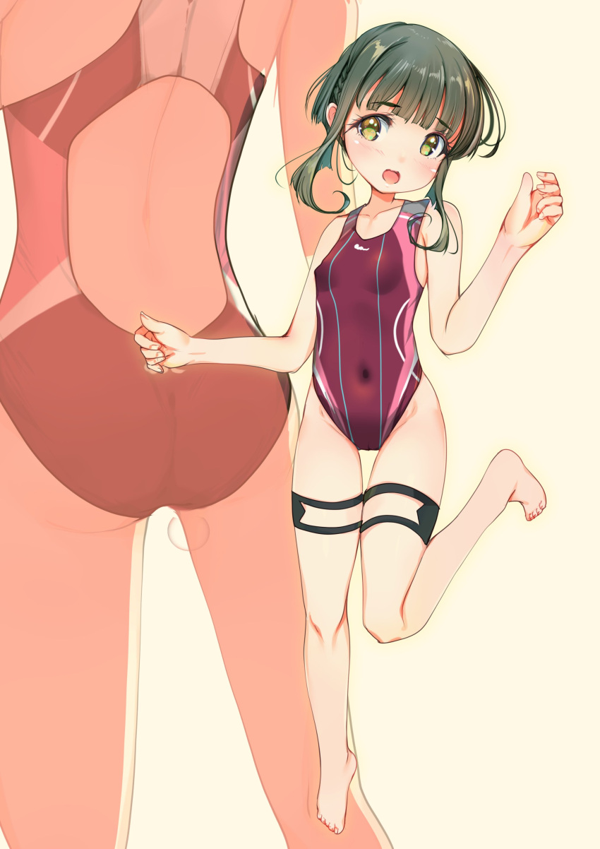 1girl absurdres ass barefoot bob_cut braid breasts brown_eyes commentary_request competition_swimsuit covered_navel full_body green_hair highres kantai_collection looking_at_viewer multicolored_clothes multicolored_swimsuit one-piece_swimsuit purple_swimsuit short_hair sidelocks small_breasts swimsuit takanami_(kancolle) thigh_gap thigh_strap yashin_(yasinz) zoom_layer
