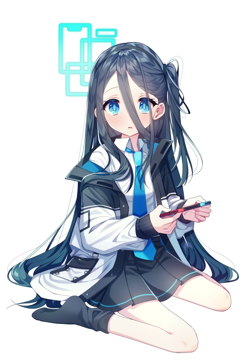 1girl absurdres arisu_(blue_archive) bangs black_hair black_legwear black_skirt blue_archive blue_necktie collared_shirt commentary hair_between_eyes handheld_game_console highres holding jacket long_hair long_sleeves necktie nintendo_switch open_clothes open_jacket parted_lips pleated_skirt shirt simple_background sitting skirt socks solo very_long_hair wariza white_background white_shirt ys888