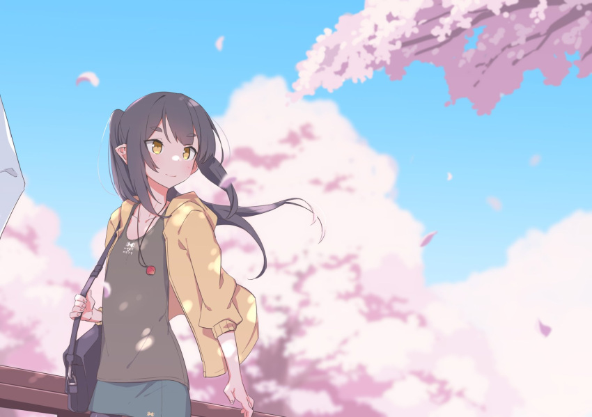 1girl akari_(raigou) bag bangs black_hair blue_sky cherry_blossoms closed_mouth clothing_request cowboy_shot day eyebrows_visible_through_hair highres hood hoodie light_blush long_hair long_sleeves looking_to_the_side open_clothes open_hoodie original outdoors petals pointy_ears ponytail raigou shoulder_bag sky solo_focus standing thick_eyebrows yellow_eyes yellow_hoodie