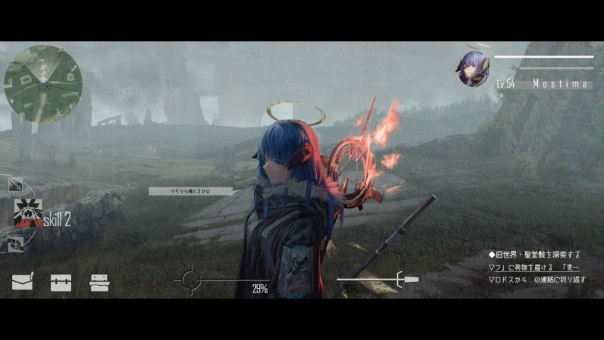 1girl arknights black_jacket blue_eyes character_name demon_horns detached_sleeves energy_wings fake_screenshot fire fog fur-trimmed_hood fur_trim gameplay_mechanics grass gyoukan_(jfxc) halo holding holding_staff hood hood_down hooded_jacket horns jacket letterboxed minimap mostima_(arknights) originium_arts_(arknights) outdoors overcast ruins solo speech_bubble staff stone translation_request upper_body user_interface weapon weapon_on_back