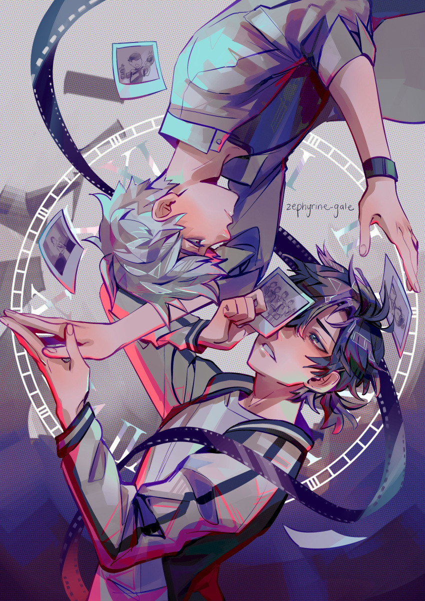 2boys absurdres black_hair cheng_xiaoshi collared_shirt film_strip green_eyes highres holding holding_photo lu_guang male_focus multiple_boys photo_(object) profile red_eyes shiguang_dailiren shirt signature watch watch white_hair white_shirt zephyrine-gale