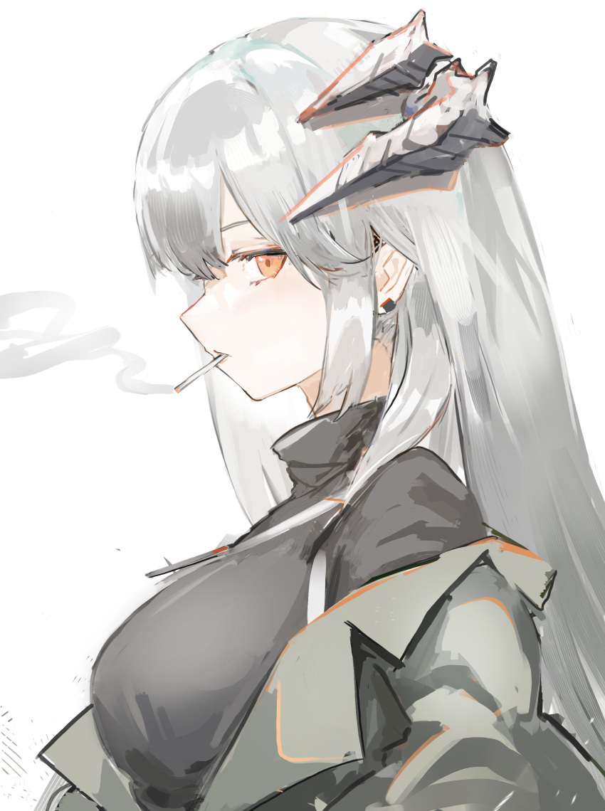 1girl absurdres arknights black_shirt breasts cigarette commentary dragon_horns earclip english_commentary from_side gnai grey_hair grey_jacket highres horns jacket long_hair looking_at_viewer medium_breasts mouth_hold open_clothes open_jacket orange_eyes profile saria_(arknights) shirt sideways_glance simple_background smoking solo upper_body white_background
