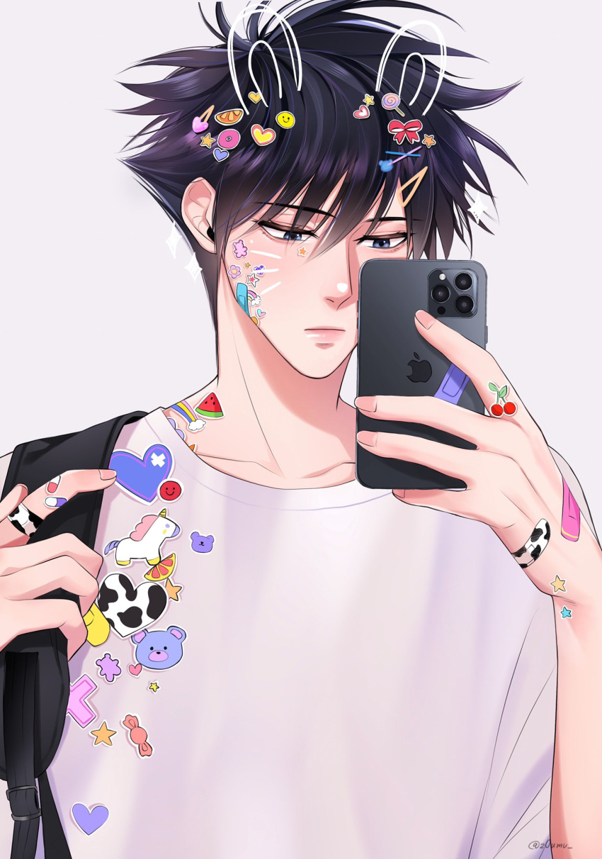 1boy apple_inc. backpack bag black_hair blue_eyes cellphone closed_mouth drawn_ears fushiguro_megumi hair_between_eyes hair_ornament hairpin hand_up highres holding holding_phone jujutsu_kaisen looking_at_phone male_focus phone shirt short_hair simple_background smartphone solo spiky_hair sticker upper_body white_background white_shirt z0umu