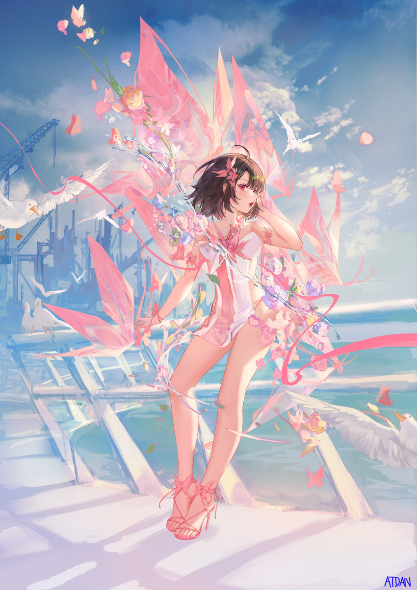 1girl abstract ahoge artist_name atdan bare_arms bare_legs bare_shoulders bird blue_sky brown_hair bug butterfly clouds dress feet flower full_body hand_up high_heels highres industrial leaning_on_rail looking_at_viewer open_mouth original outdoors pink_footwear red_eyes short_hair sky standing strapless strapless_dress water waves