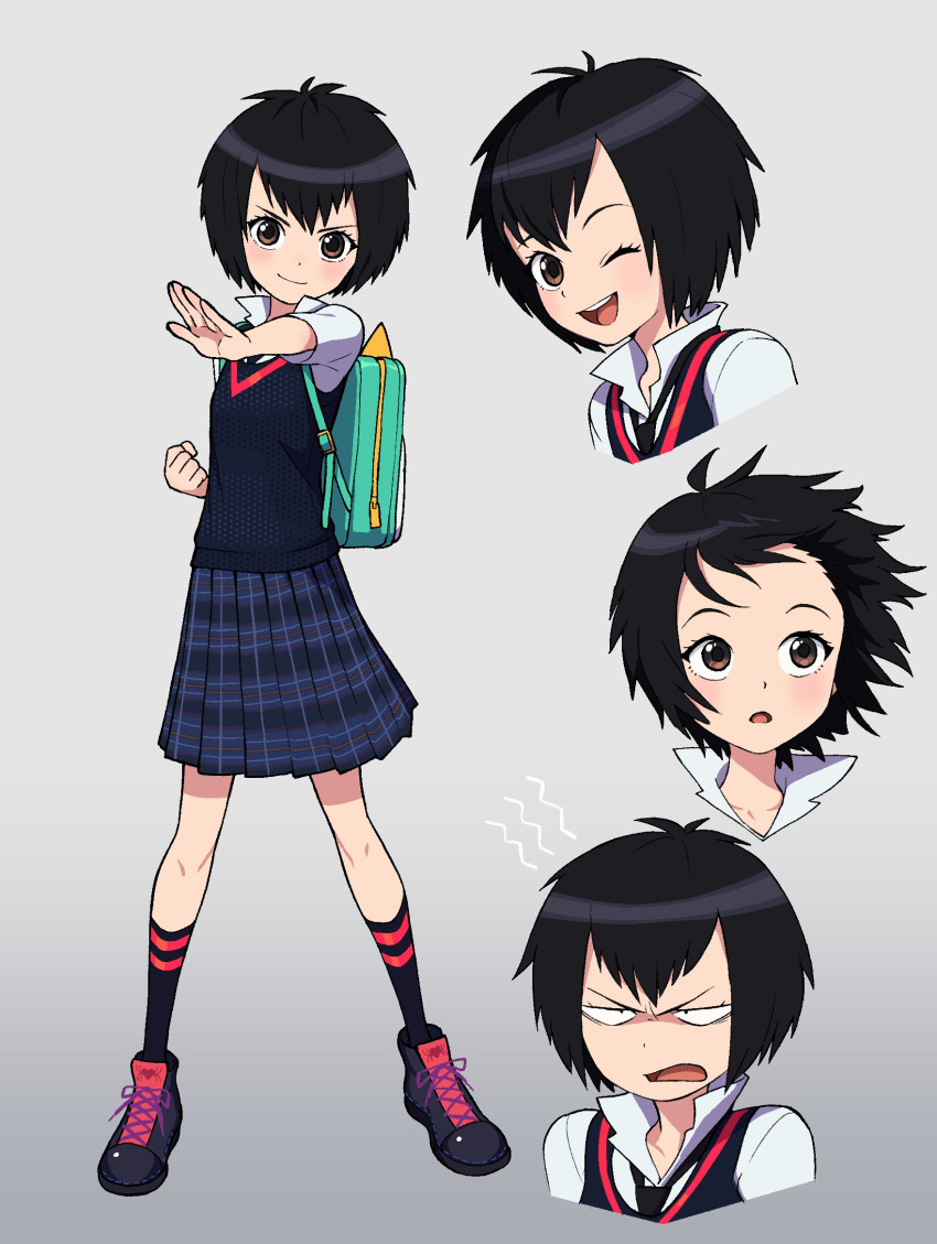 1girl ;d annoyed backpack bag bangs black_hair brown_eyes clenched_hand closed_mouth full_body highres looking_at_viewer marvel necktie one_eye_closed peni_parker pleated_skirt school_uniform short_hair skirt smile solo spider-man:_into_the_spider-verse spider-man_(series) standing sweater sweater_vest yoshi_(moco1)