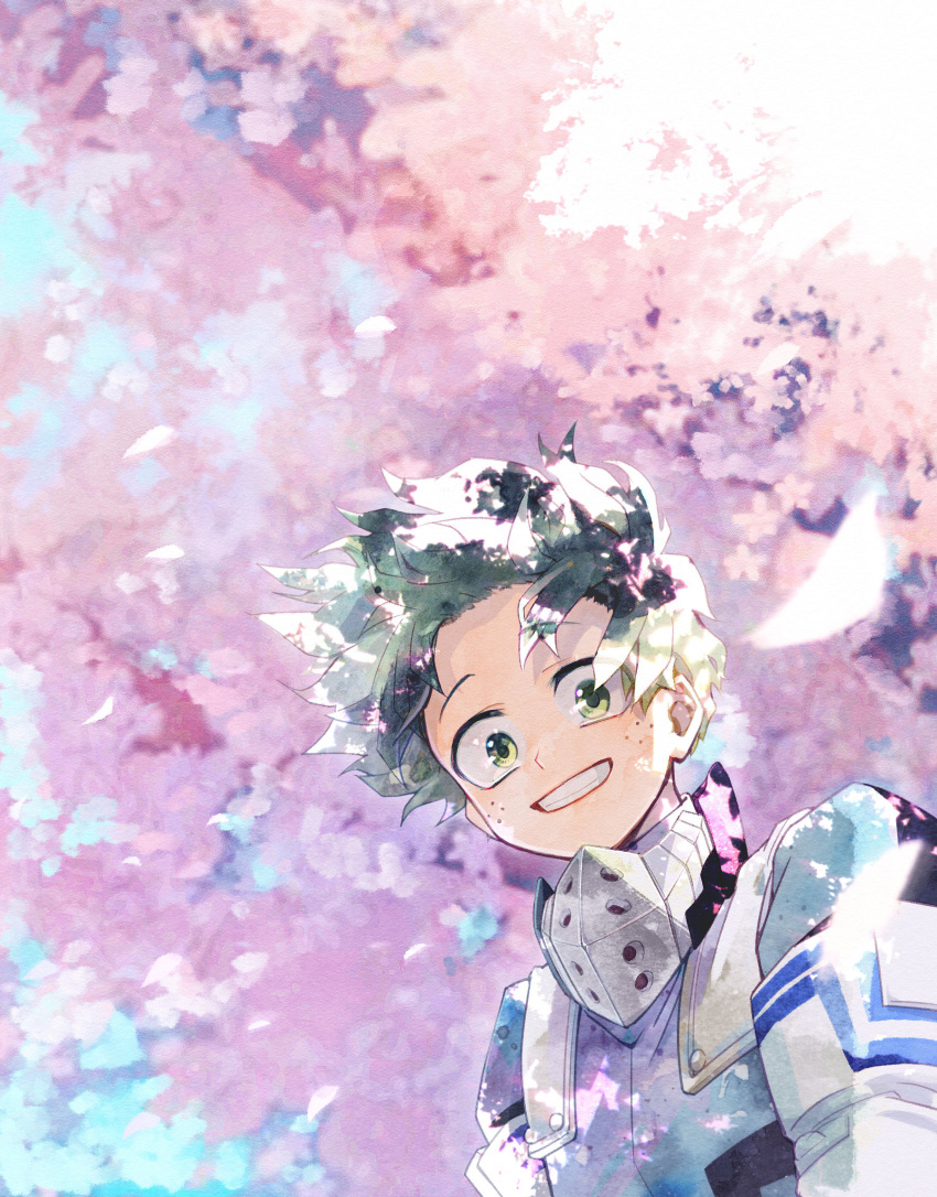 1boy blurry blurry_background bodysuit boku_no_hero_academia cherry_blossoms depth_of_field dutch_angle freckles from_below green_bodysuit green_eyes green_hair grin highres looking_at_viewer male_focus mask mask_removed midoriya_izuku petals raised_eyebrows smile solo unou_(unou_mha)