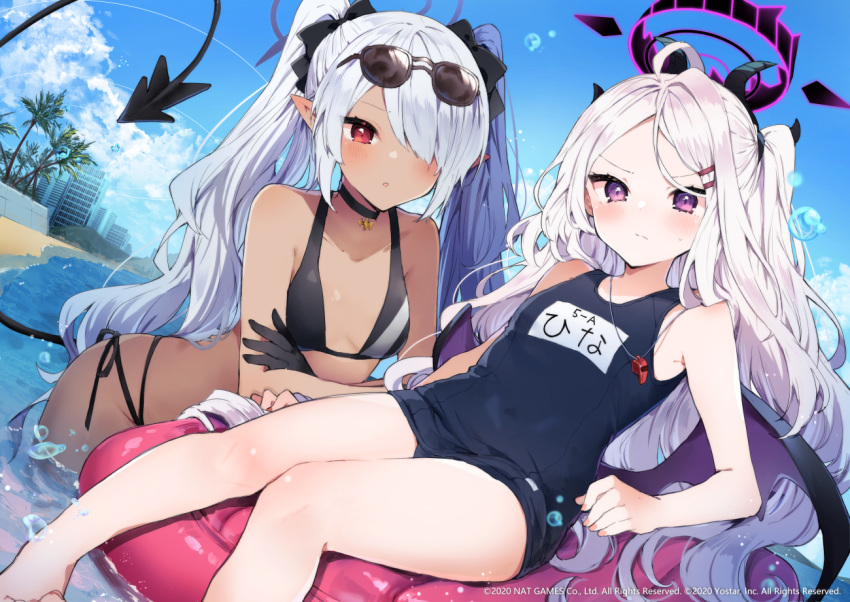 2girls bangs bare_arms bare_legs bare_shoulders barefoot beach bikini black_choker black_gloves blue_archive blue_sky breasts choker closed_mouth clouds collarbone day demon_tail eyewear_on_head flat_chest gloves hair_ornament hair_over_one_eye hair_ribbon hina_(blue_archive) ikeuchi_tanuma iori_(blue_archive) long_hair looking_at_viewer multiple_girls navel official_art one-piece_swimsuit outdoors palm_tree parted_lips pointy_ears red_eyes ribbon school_swimsuit side-tie_bikini sidelocks silver_hair sitting sky small_breasts sunglasses sweatdrop swimsuit tail thighs tree twintails two_side_up very_long_hair violet_eyes wading water