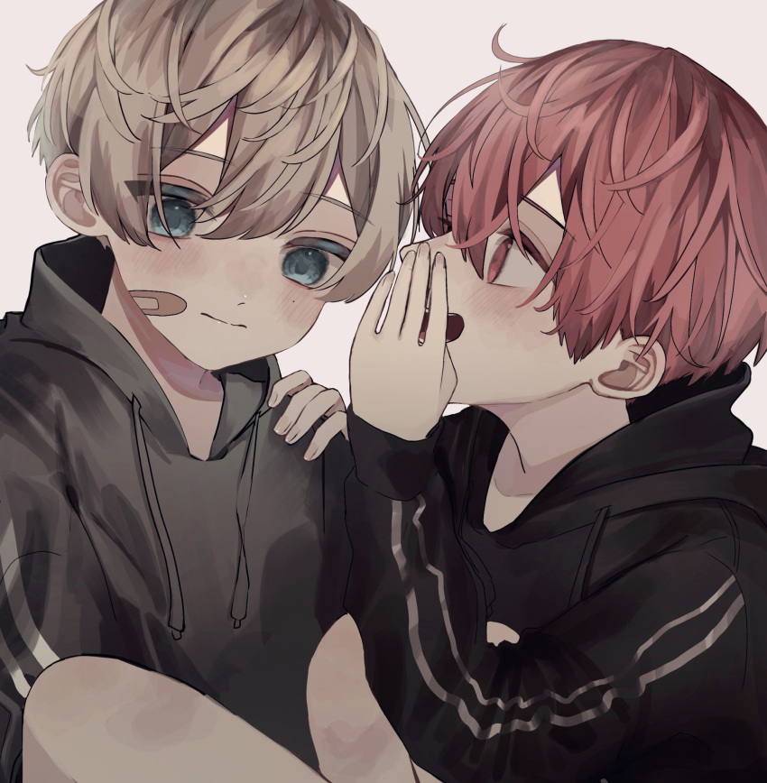 2boys bandaid bandaid_on_face blonde_hair blue_eyes commentary_request eyebrows_visible_through_hair hair_between_eyes hand_on_another's_shoulder highres hood hoodie looking_at_another male_focus multiple_boys original osoba_eee red_eyes redhead short_hair simple_background straight-on upper_body whispering