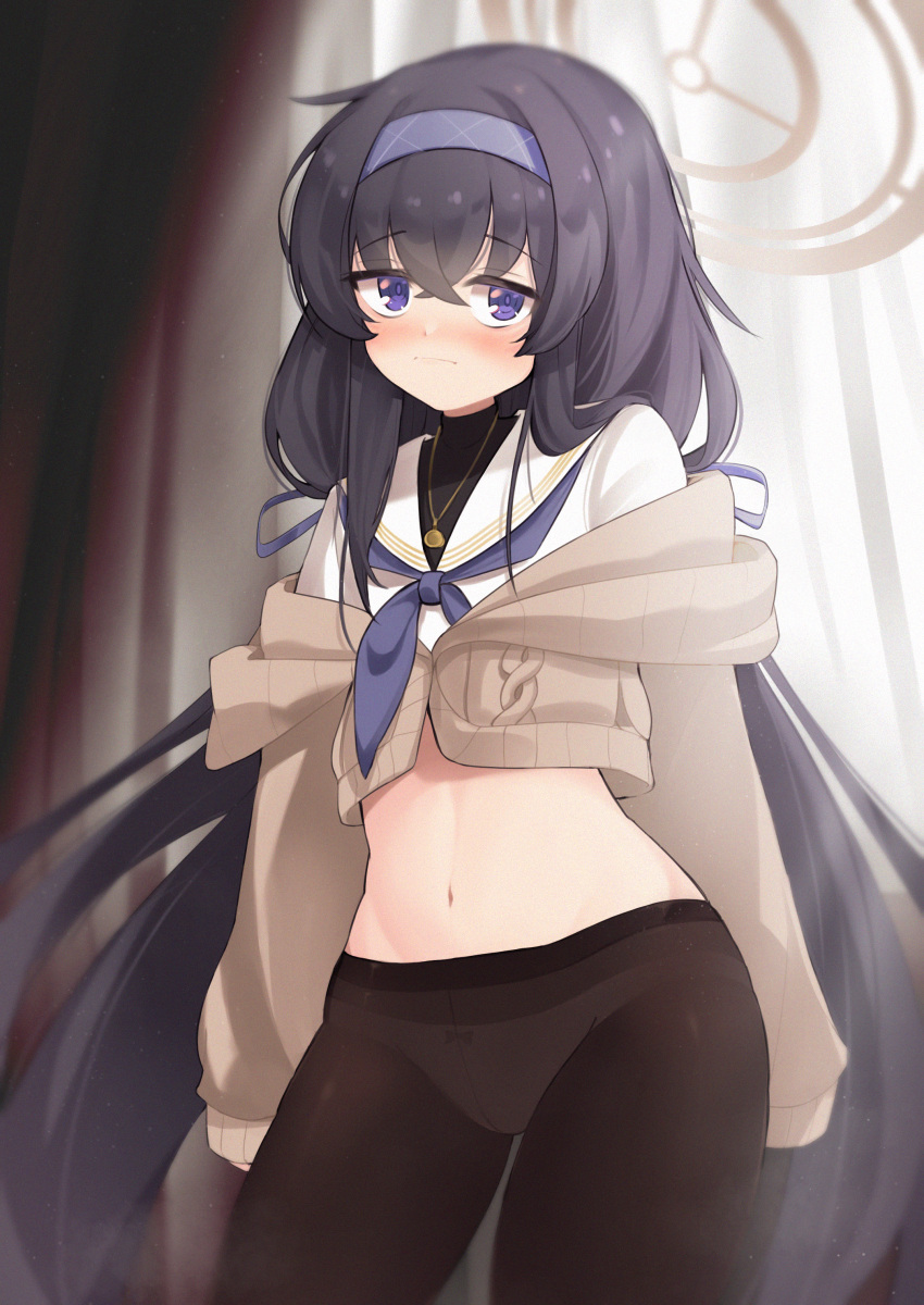 absurdres black_hair black_legwear blue_archive blush commentary_request curtains hair_between_eyes hair_ornament hairband halo highres hukhuk2 long_hair looking_at_viewer navel no_pants panties panties_under_pantyhose pantyhose school_uniform sweater ui_(blue_archive) underwear