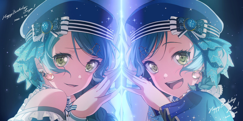 2girls :d absurdres alternate_hairstyle aqua_hair arm_up bang_dream! bangs bare_shoulders beret black_background blue_bow blue_capelet blue_headwear blue_ribbon bow bow_earrings braid buttons capelet character_name commentary constellation_hair_ornament dated earrings eyebrows_visible_through_hair fingers_together frilled_shirt_collar frilled_sleeves frills from_side gradient gradient_background green_eyes hair_bow hair_ornament hair_over_shoulder hand_up happy_birthday hat hat_bow highres hikawa_hina hikawa_sayo jewelry light_blush light_particles long_hair long_sleeves looking_at_viewer looking_to_the_side multiple_girls neck_ribbon nobusawa_osamu official_art open_mouth parted_lips portrait print_bow print_capelet ribbon shirt short_hair siblings side_braids single_braid sisters smile star_(sky) star_(symbol) star_earrings starry_sky_print striped striped_bow striped_ribbon swept_bangs teeth twin_braids twins upper_teeth white_shirt