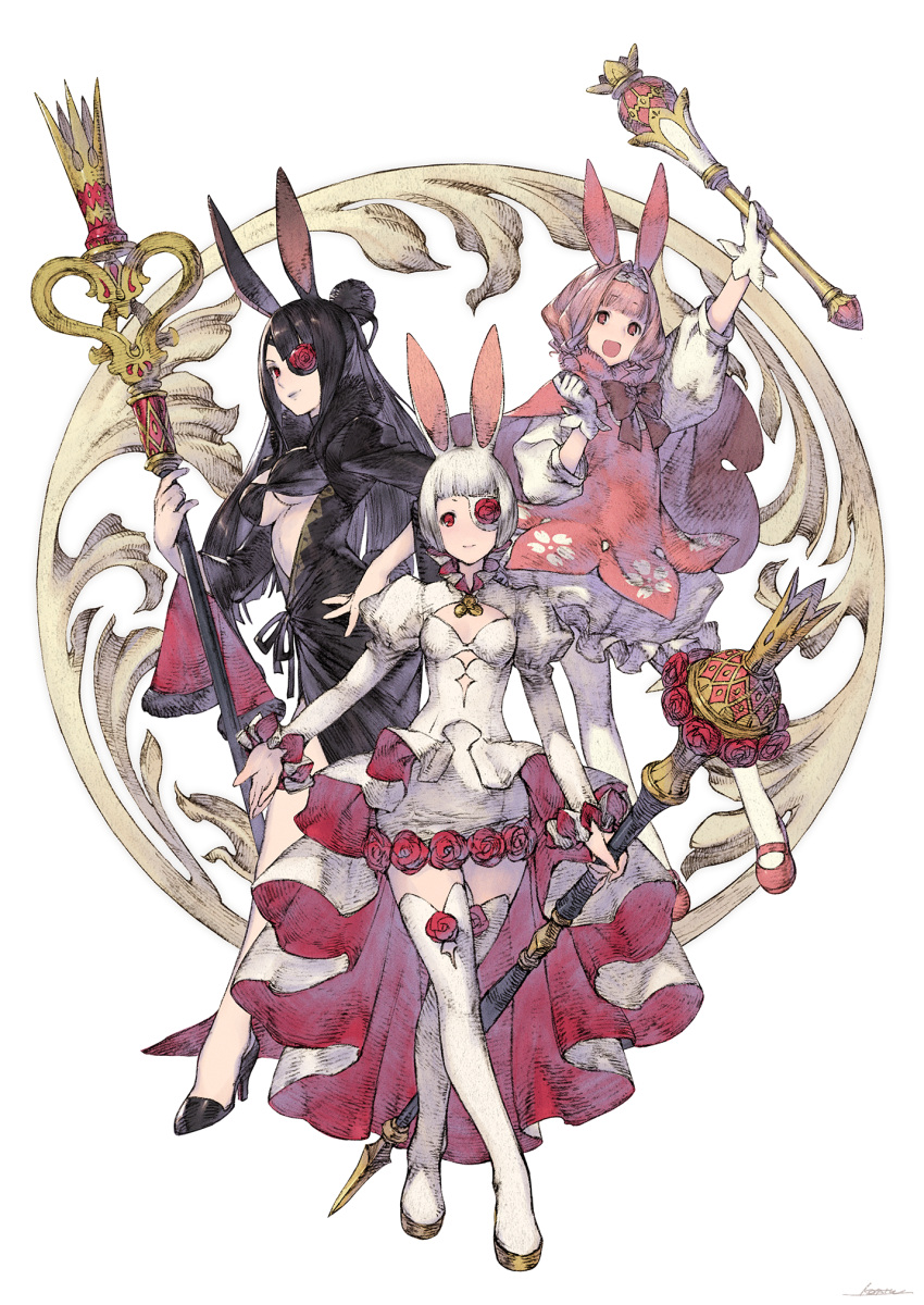 3girls :d animal_ears black_dress black_footwear black_hair bob_cut bow breasts dress flower flower_eyepatch gloves hair_bun high_heels highres holding holding_scepter holding_wand kotatsu_(g-rough) long_hair looking_at_viewer medium_breasts medium_hair multiple_girls one_eye_covered original pantyhose pink_bow pink_dress pink_hair puffy_short_sleeves puffy_sleeves rabbit_ears red_eyes red_flower red_rose rose scepter short_hair short_sleeves skuld_(kotatsu_(g-rough)) smile thigh-highs urd_(kotatsu_(g-rough)) verthandi_(kotatsu_(g-rough)) wand white_dress white_gloves white_hair white_legwear