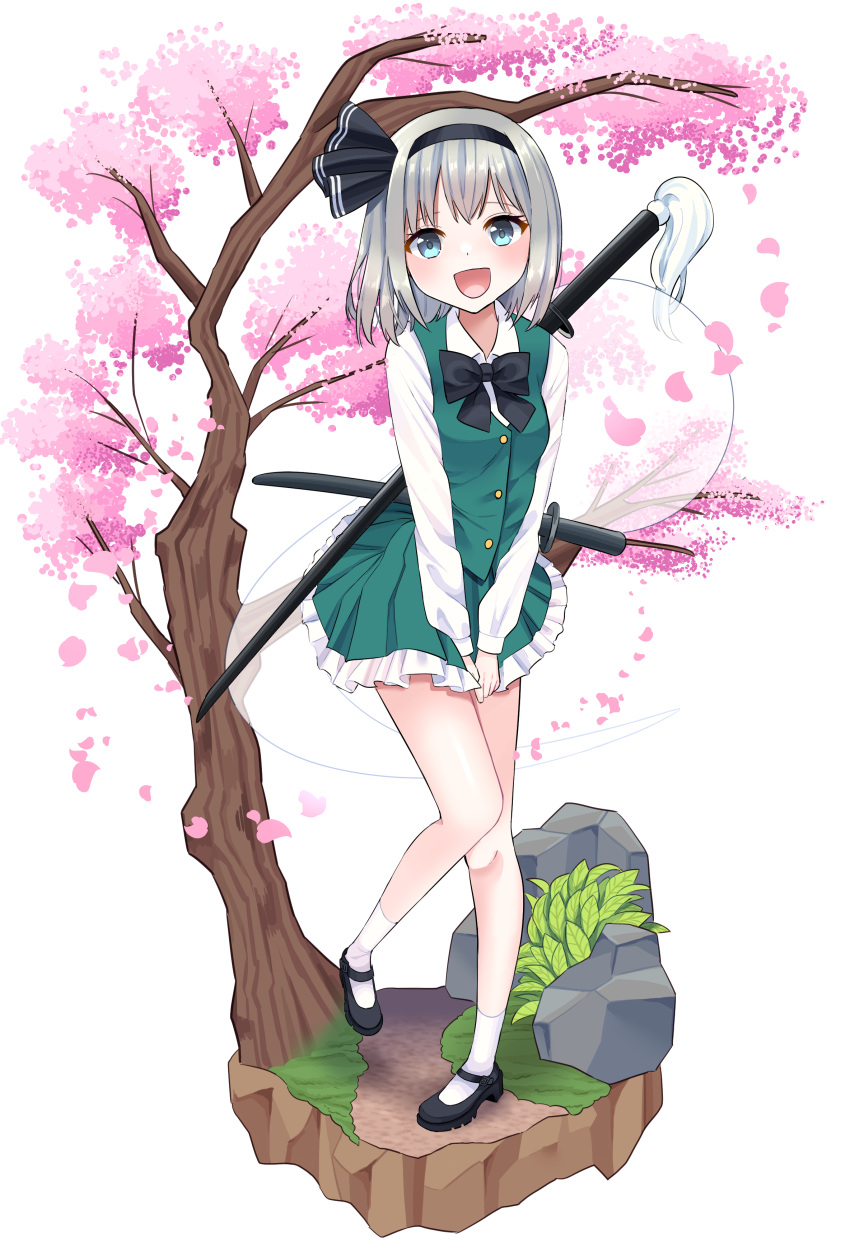 1girl :d absurdres bangs black_bow black_bowtie black_footwear black_hairband blue_eyes bow bowtie cherry_blossoms full_body ghost green_skirt green_vest grey_hair hairband highres konpaku_youmu konpaku_youmu_(ghost) long_sleeves looking_at_viewer multiple_swords open_mouth rock sheath sheathed shirt short_hair simple_background skirt smile solo standing standing_on_one_leg stigma1101 sword sword_behind_back touhou tree v_arms vest weapon white_background white_legwear white_shirt