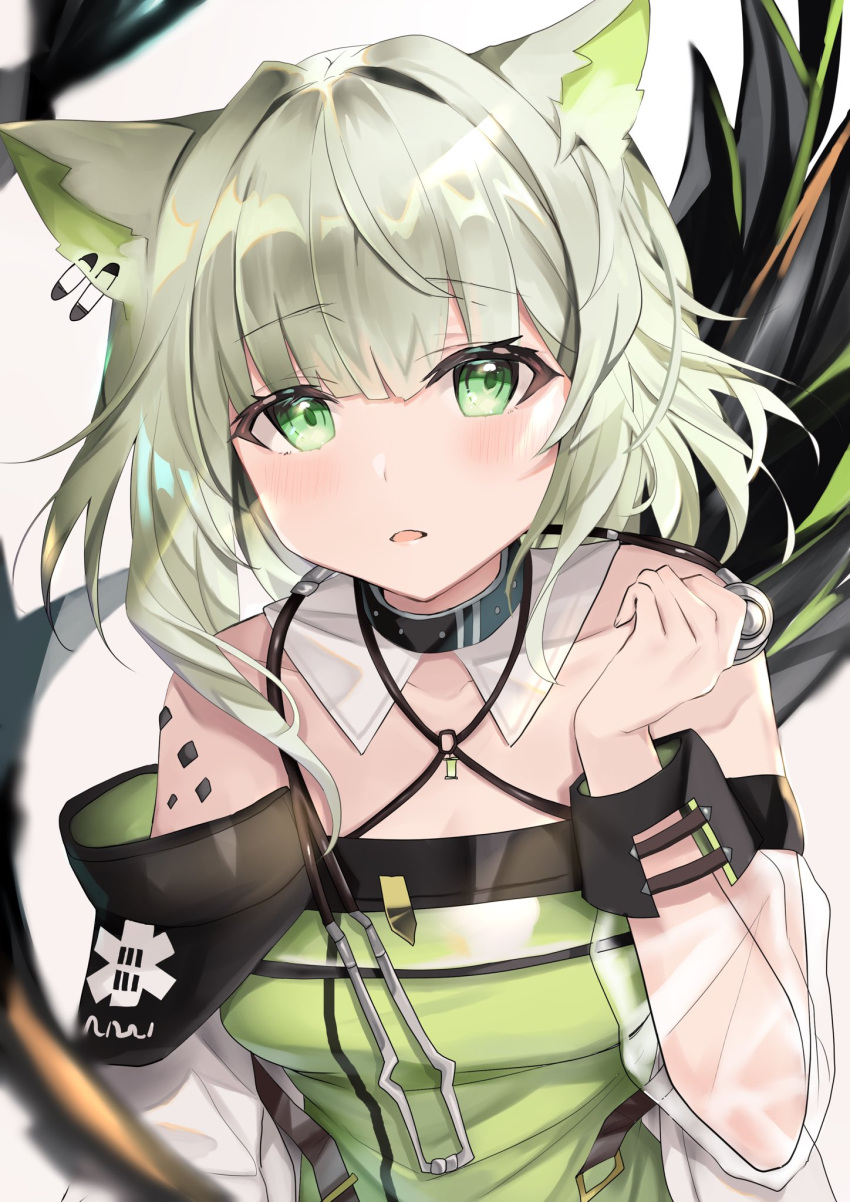 1girl animal_ears arknights bangs bare_shoulders blush cat_ears cat_girl eyebrows_visible_through_hair green_eyes highres hiiro60 kal'tsit_(arknights) mon3tr_(arknights) off_shoulder oripathy_lesion_(arknights) parted_lips short_hair silver_hair stethoscope