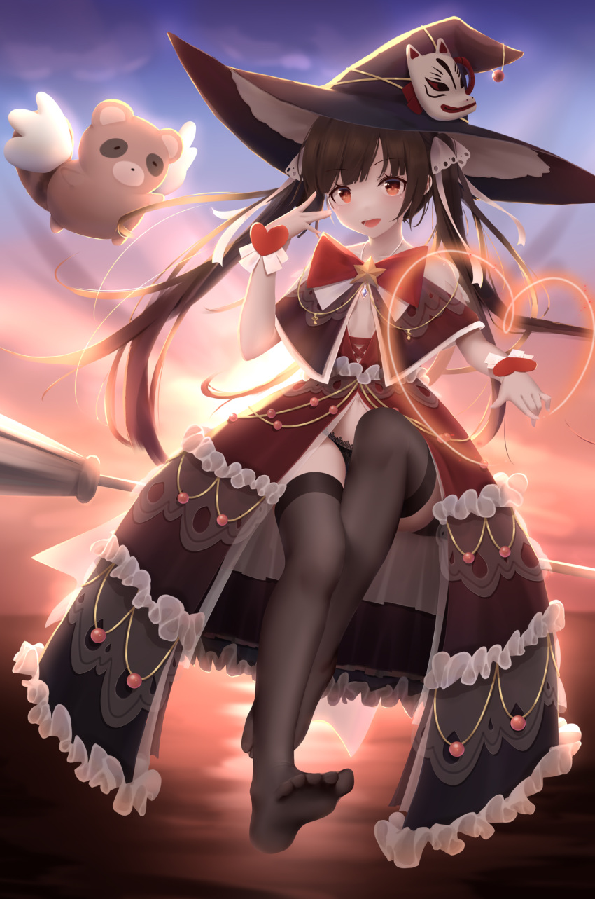 1girl animal bangs black_hair black_headwear black_legwear blue_sky bow broom broom_riding clouds commentary_request dress eyebrows_visible_through_hair fox_mask han_(hehuihuihui) hand_up hat heart highres horizon long_hair looking_at_viewer mask no_shoes ocean orange_eyes original outdoors raccoon red_bow red_dress sky soles solo star_(symbol) sunset thigh-highs twintails very_long_hair water winged_animal witch_hat