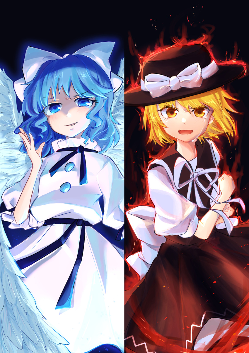 2girls angel_wings angry aura back_bow black_ribbon black_sash blonde_hair blue_eyes blue_hair bow brown_headwear brown_skirt brown_vest buttons clenched_hand commentary_request crying crying_with_eyes_open derivative_work dress eyebrows_visible_through_hair feathered_wings fedora fire hair_bow hat hat_bow highres mai_(touhou) multiple_girls mystic_square open_mouth outstretched_hand puffy_short_sleeves puffy_sleeves ribbon sash shirt short_hair short_sleeves skirt smirk tears touhou touhou_(pc-98) uzumibi v-shaped_eyebrows vest white_bow white_dress white_ribbon white_shirt white_wings wings yellow_eyes yuki_(touhou)