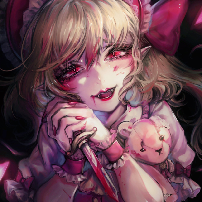 1girl :d ascot bangs black_background blonde_hair blood blood_on_face blood_on_knife blush bow bright_pupils crystal dark_background eyebrows_behind_hair eyelashes fangs flandre_scarlet frilled_shirt_collar frills hair_between_eyes hair_bow hands_up hat highres holding holding_knife knife kyogoku-uru lips long_hair looking_at_viewer multicolored_hair nail_polish nostrils open_mouth own_hands_clasped own_hands_together pink_nails pointy_ears puffy_short_sleeves puffy_sleeves red_bow red_eyes short_sleeves simple_background smile solo streaked_hair stuffed_animal stuffed_toy swept_bangs tearing_up teddy_bear teeth touhou upper_body vampire wings wrist_cuffs yellow_ascot