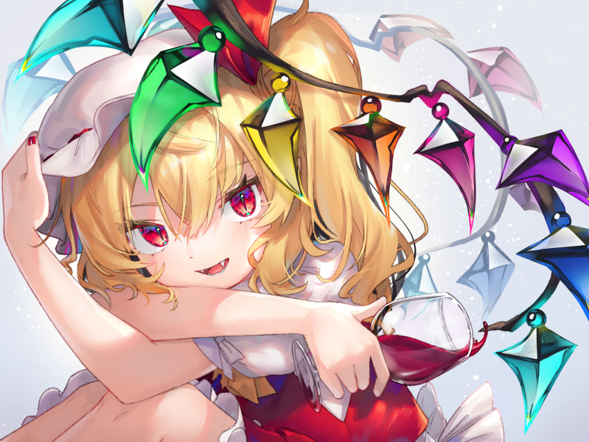 1girl :d blonde_hair crystal fangs feet_out_of_frame flandre_scarlet gunjou_row hair_between_eyes highres knees_up looking_at_viewer one_side_up open_mouth red_eyes simple_background smile solo tongue touhou white_background wings