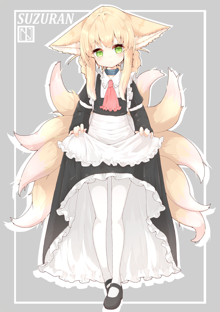 1girl absurdres animal_ear_fluff animal_ears apron apron_lift arknights black_dress black_footwear blonde_hair braid character_name clothes_lift dress dress_lift fox_ears fox_tail full_body green_eyes grey_background hair_rings highres lifted_by_self long_hair maid mary_janes multiple_tails pantyhose rano_u_rabe shoes simple_background solo suzuran_(arknights) tail twin_braids twintails white_apron white_legwear
