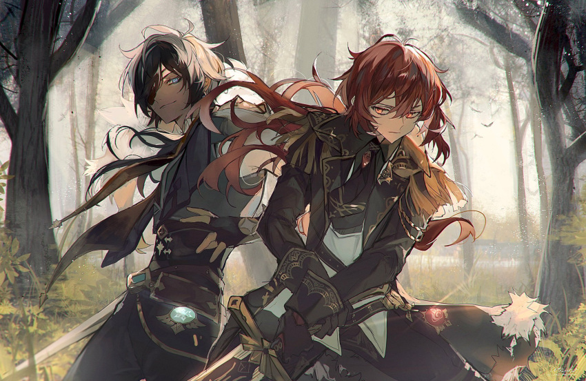 2boys black_hair blue_eyes commentary_request cowboy_shot day diluc_(genshin_impact) eyepatch forest genshin_impact grass highres holding holding_sword holding_weapon kaeya_(genshin_impact) long_sleeves long_sword male_focus multiple_boys nature outdoors redhead short_hair smile standing sword utsuhostoria weapon