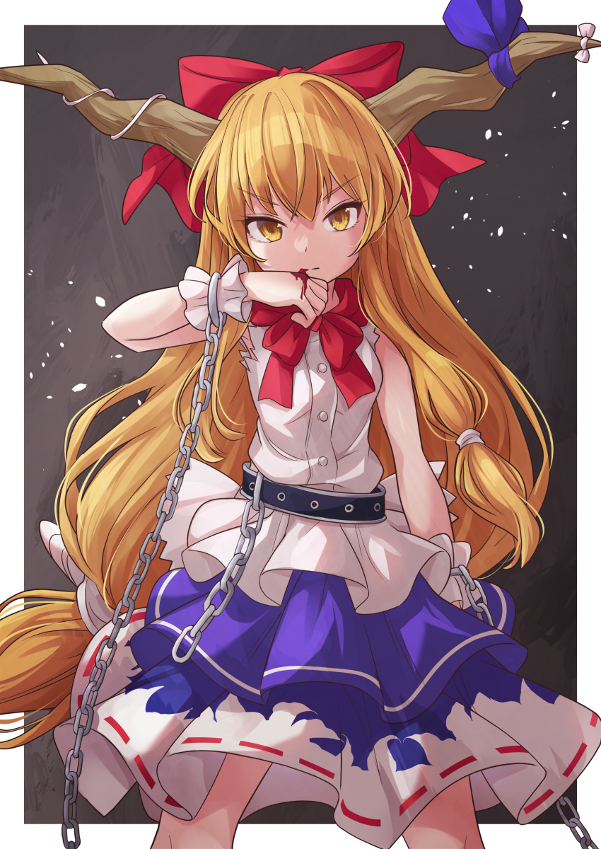 1girl absurdres blood blood_from_mouth blood_on_face blood_on_hands blue_ribbon blue_skirt border bow buttons chain closed_mouth eyebrows_visible_through_hair feet_out_of_frame hair_between_eyes hair_bow highres horn_ornament horn_ribbon horns ibuki_suika long_hair orange_eyes orange_hair print_skirt ramie_(ramie541) red_bow ribbon shirt skirt solo torn_clothes torn_sleeves touhou white_border white_shirt
