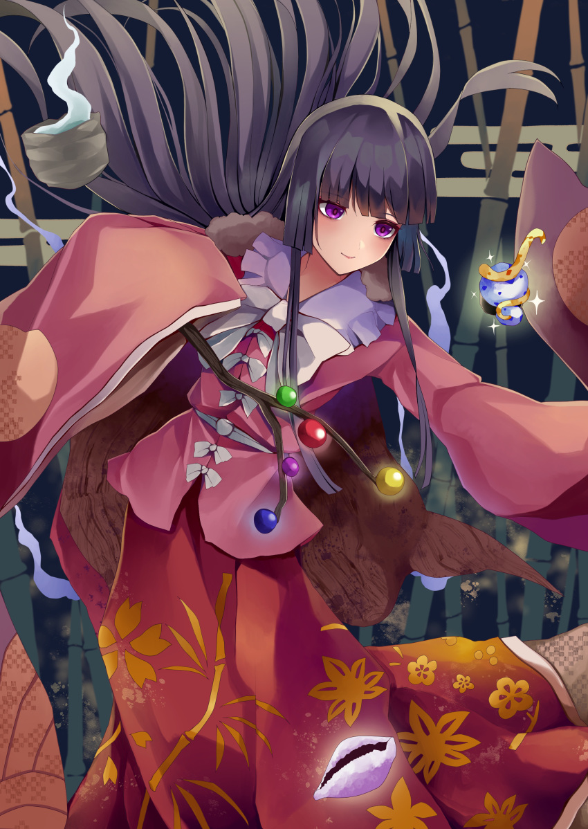 1girl absurdres bamboo black_hair blush branch closed_mouth eyebrows_visible_through_hair floating_hair highres hime_cut holding holding_branch houraisan_kaguya japanese_clothes jeweled_branch_of_hourai koizumo long_hair long_skirt pink_shirt red_skirt shirt sidelocks skirt sleeves_past_wrists smile solo touhou violet_eyes wide_sleeves