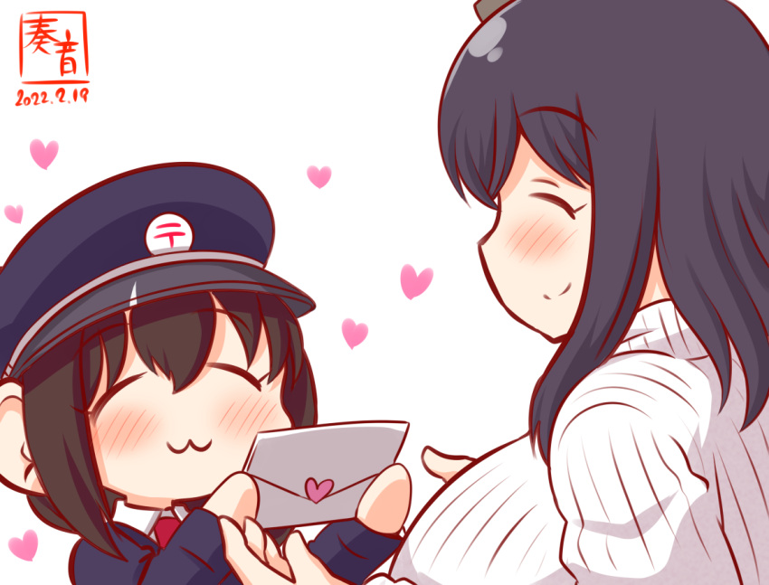 2girls :3 alternate_costume artist_logo black_hair blue_headwear blush closed_eyes closed_mouth commentary_request dated envelope eyebrows_visible_through_hair hair_ornament hat heart heart_stickers japanese_postal_mark kanon_(kurogane_knights) kantai_collection mailman multiple_girls necktie one-hour_drawing_challenge portrait red_necktie ribbed_sweater shigure_(kancolle) simple_background smile sweater turtleneck turtleneck_sweater white_background white_sweater yamashiro_(kancolle) younger