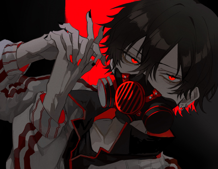 1boy black_hair choker gas_mask gloves goggles goggles_on_head highres jacket jewelry kuroume_(aihikarikuroume24) long_sleeves looking_at_viewer mask original red_background red_eyes red_nails ring short_hair solo white_jacket