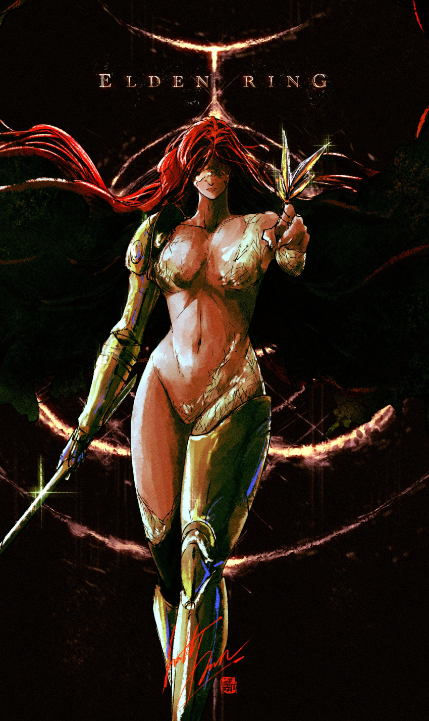 1girl absurdres breasts closed_mouth completely_nude covered_eyes elden_ring floating_hair full_body helmet highres holding holding_sword holding_weapon long_hair malenia_blade_of_miquella malenia_goddess_of_rot mechanical_arms navel nude prosthesis prosthetic_arm redhead simple_background single_mechanical_arm solo sword very_long_hair weapon