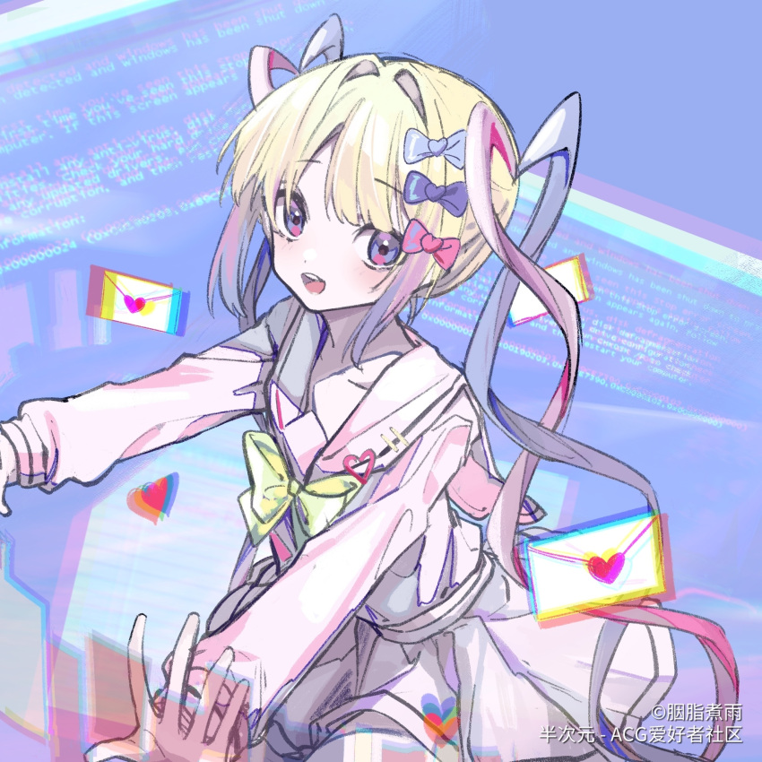 1girl blue_screen_of_death bow chouzetsusaikawa_tenshi-chan chromatic_aberration eyebrows_visible_through_hair hair_bow hair_intakes highres holographic_clothing iridescent large_bow looking_at_viewer love_letter multiple_hair_bows needy_girl_overdose onga open_mouth quad_tails silver_hair solo teeth upper_teeth violet_eyes