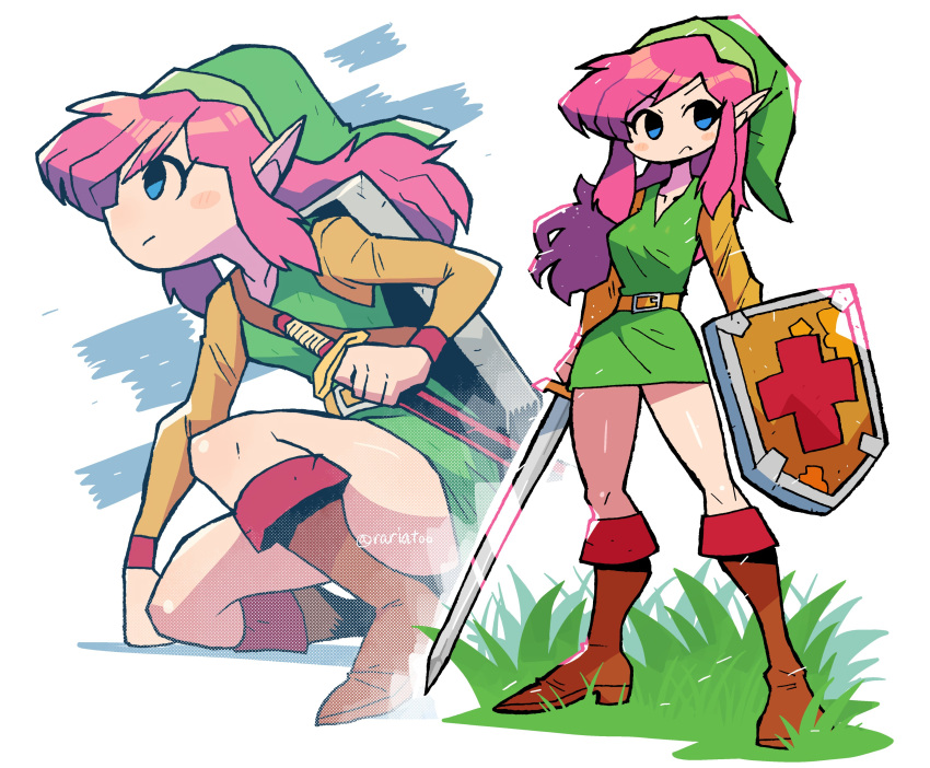 1girl absurdres belt blue_eyes blush_stickers boots brown_belt brown_footwear character_request closed_mouth dress frown grass green_dress green_headwear hat highres holding holding_sword holding_weapon multiple_views one_knee pink_hair rariatto_(ganguri) standing sword the_legend_of_zelda weapon