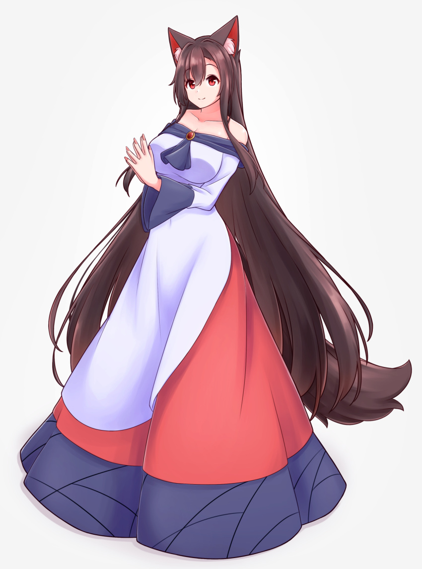 1girl animal_ears brown_hair commentary_request dress full_body hashi2387 highres imaizumi_kagerou long_dress long_hair multicolored_clothes multicolored_dress off-shoulder_dress off_shoulder own_hands_together red_eyes simple_background smile solo standing tail touhou very_long_hair white_background wolf_ears wolf_girl wolf_tail