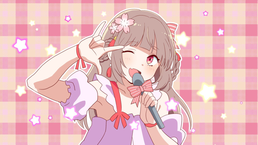 1girl \m/ bangs blunt_bangs blush bow collarbone detached_sleeves dress etra-chan_wa_mita! etra_(etra-chan_wa_mita!) flower hair_flower hair_ornament hand_up highres holding holding_microphone light_brown_hair microphone music nyako_(lhq3p) one_eye_closed open_mouth parody pink_dress plaid plaid_background puffy_short_sleeves puffy_sleeves red_ribbon ribbon seikan_hikou short_sleeves singing solo starry_background striped striped_bow symbol-only_commentary wrist_ribbon