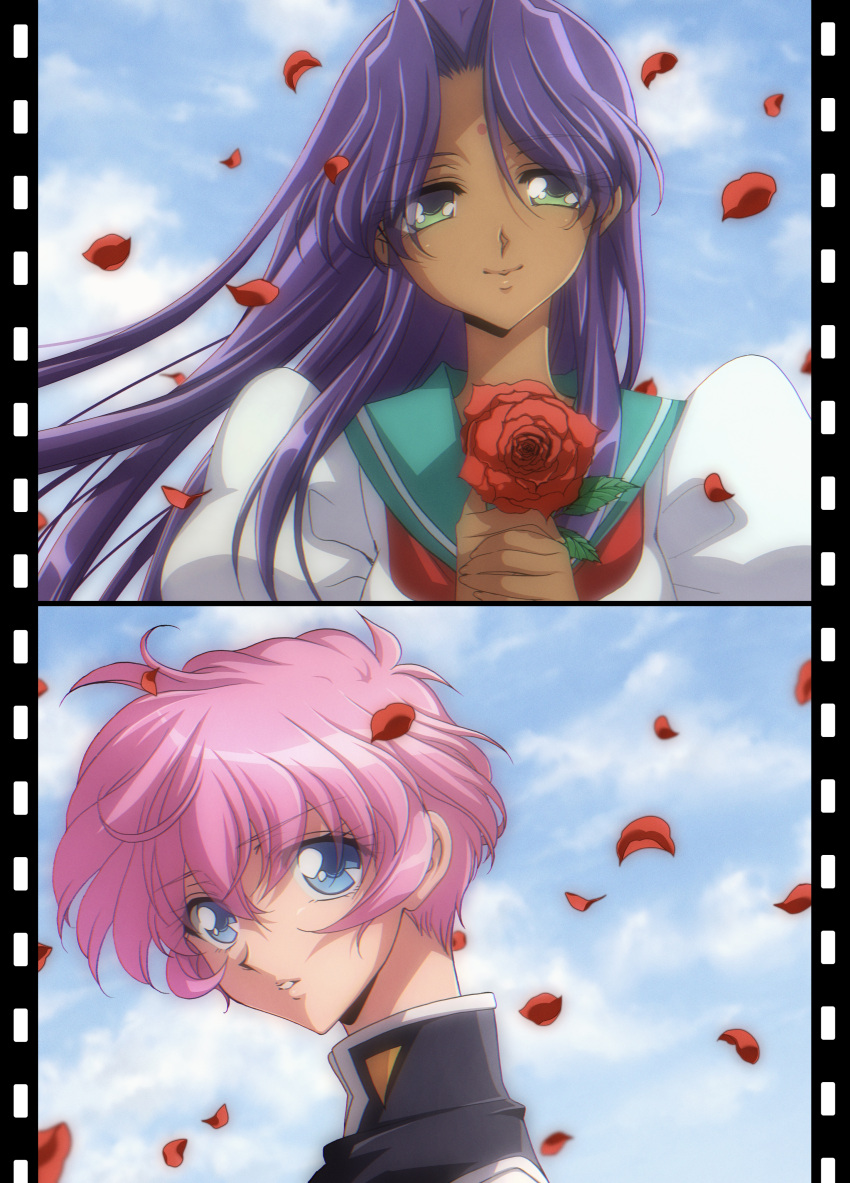 2girls absurdres anime_coloring bangs bindi blue_eyes blue_sky commentary dark-skinned_female dark_skin day eyebrows_visible_through_hair eyes_visible_through_hair face flower green_eyes green_sailor_collar high_collar highres himemiya_anthy holding holding_flower jogio381ooo long_hair looking_at_viewer looking_back multiple_girls neckerchief outdoors parted_bangs parted_lips petals pillarboxed pink_hair puffy_short_sleeves puffy_sleeves purple_hair red_flower red_neckerchief red_rose rose rose_petals sailor_collar school_uniform serafuku shiny shiny_hair short_hair short_sleeves shoujo_kakumei_utena shoujo_kakumei_utena_adolescence_mokushiroku sky smile tenjou_utena