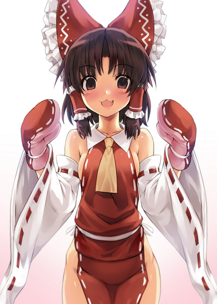 1girl :3 :d absurdres bangs benikurage_(cookie) blush bow breasts brown_eyes brown_hair commentary_request cookie_(touhou) cowboy_shot detached_sleeves dress empty_eyes eyebrows_visible_through_hair fang frilled_bow frilled_hair_tubes frills hair_bow hair_tubes hakurei_reimu highres looking_at_viewer medium_breasts medium_hair necktie no_panties open_mouth parted_bangs red_bow red_dress red_mittens ribbon-trimmed_sleeves ribbon_trim sideboob smile solo touhou white_sleeves yamabe_no_akahito yellow_necktie