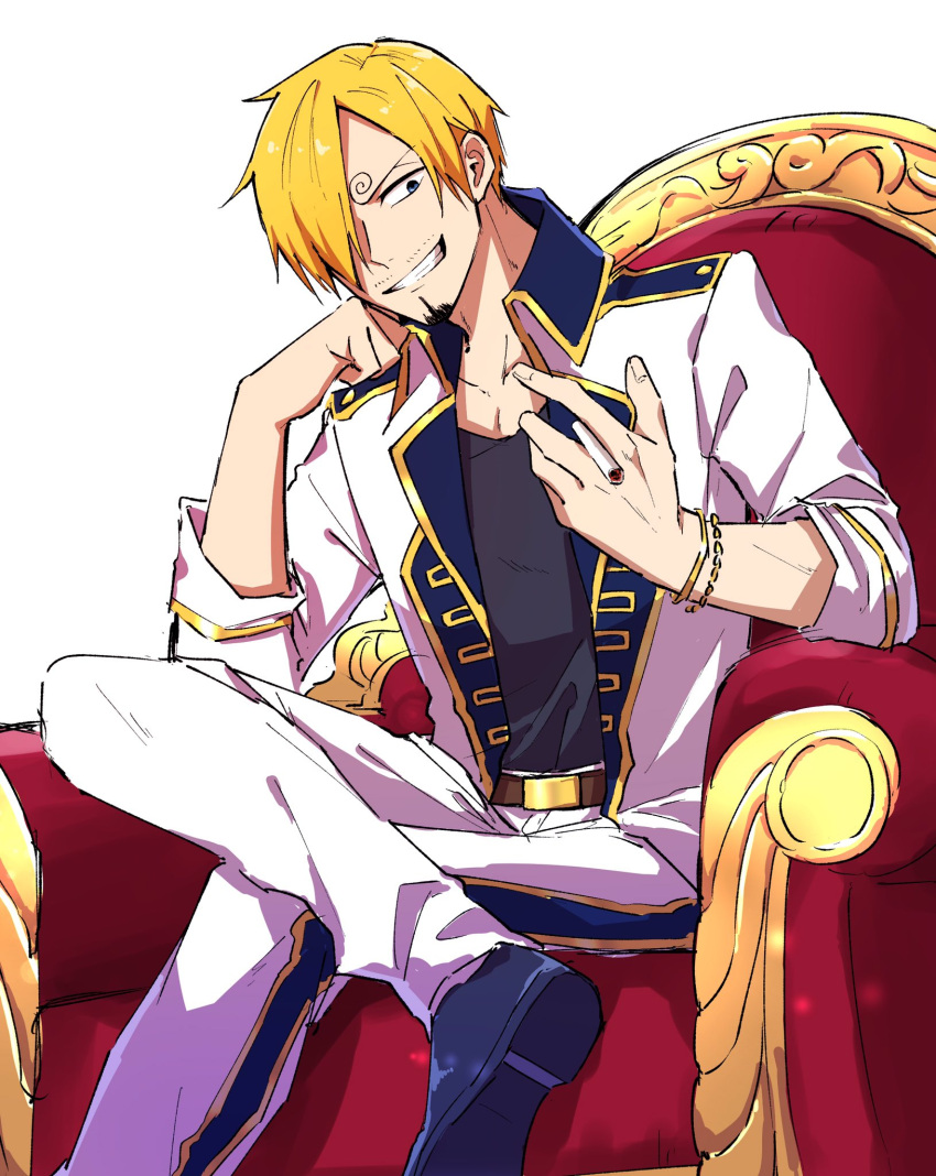 1boy between_fingers blonde_hair cigarette commentary_request facial_hair hair_over_one_eye highres male_focus one_piece sanji short_hair simple_background smile sorase_(srsrs_000) teeth