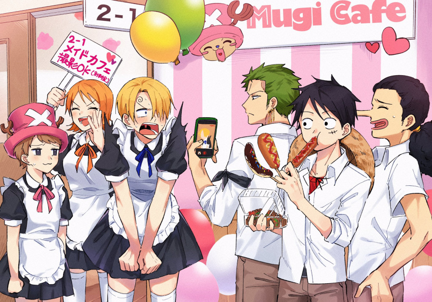 1girl 5boys blonde_hair cellphone commentary_request eating embarrassed food hair_over_one_eye hat highres indoors maid monkey_d._luffy multiple_boys nami_(one_piece) one_piece phone roronoa_zoro sanji school_uniform short_hair smartphone sorase_(srsrs_000) tony_tony_chopper translation_request usopp white_legwear