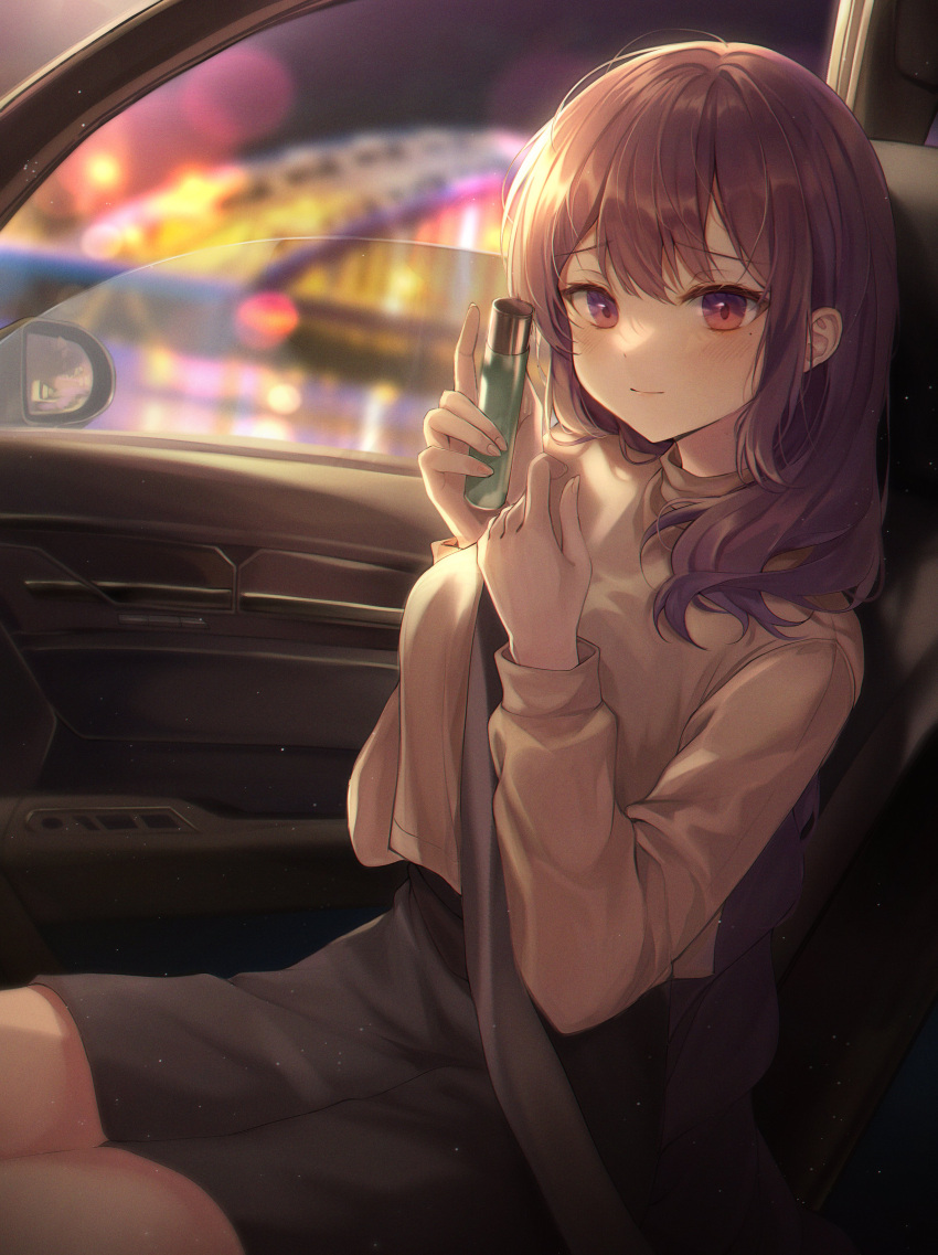 1girl absurdres bangs black_skirt blurry blurry_background blush bottle breasts brown_sweater car_interior closed_mouth commentary_request duyu eyebrows_visible_through_hair genshin_impact hands_up highres holding holding_bottle long_hair long_sleeves looking_at_viewer night pink_eyes purple_hair raiden_shogun seatbelt simple_background sitting skirt smile solo sweater very_long_hair